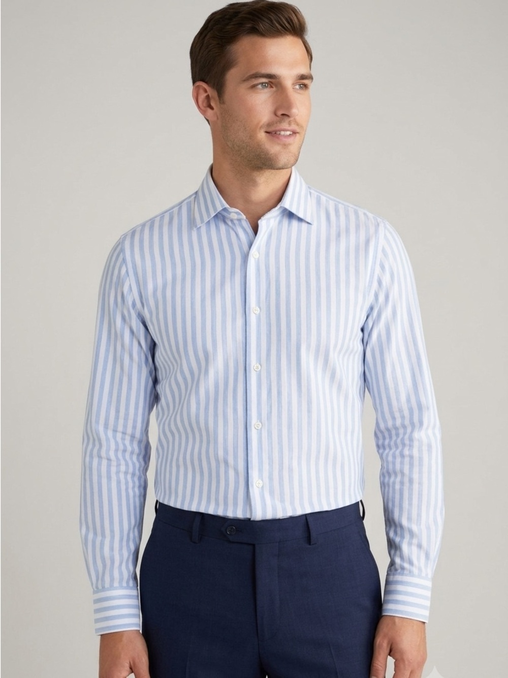 Suitsupply Linen Slim Fit Stripe Dress Shirt Light Blue & White Striped (M7)